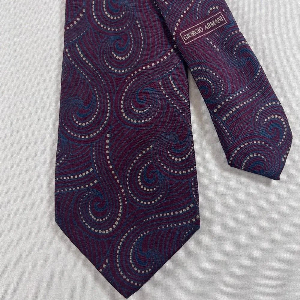 Giorgio Armani Tie Men Burgundy Blue 100% Silk Swirl Paisley Italy Made Luxury